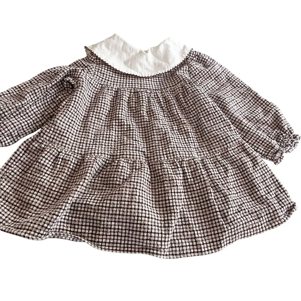 Zara Girls Check Textured Dress Embroidered Collar Cotton Blend size 2